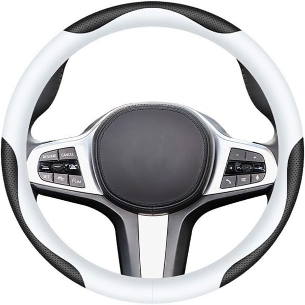 Leather Car Steering Wheel Cover, Elegant, Fashionable, Comfortable, Non-Slip, Breathable, Universal 15 inch, Black and White