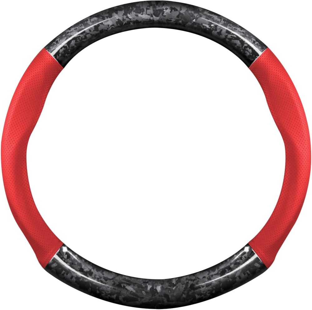 Car Steering Wheel Sleeve, Round Forged Carbon Fiber and Leather Material Steering Wheel Sleeve, 37-38cm/14.5-15inch, Non-Slip, Soft, Breathable, Sports Style