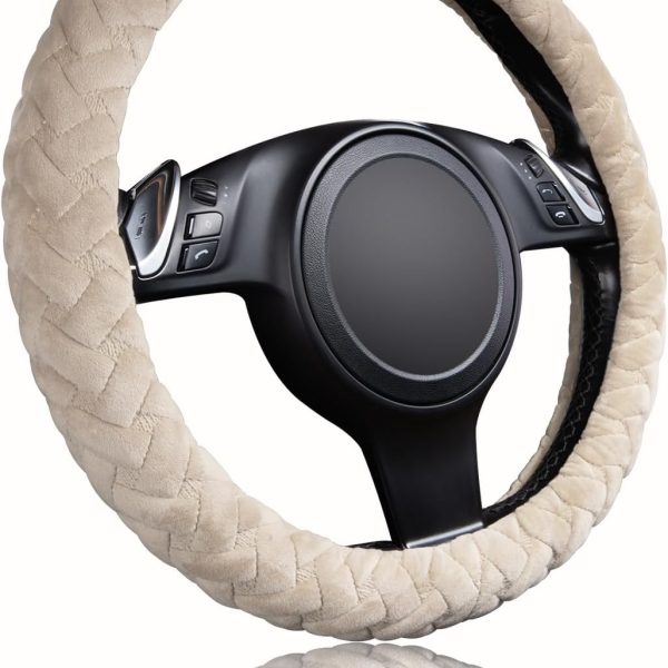 Banner car Steering Wheel Cover Massage Velvet Warm Universal Size 15 inches SUV Truck Anti Slip Odorless Summer Winter (Beige, Velvet Massage)