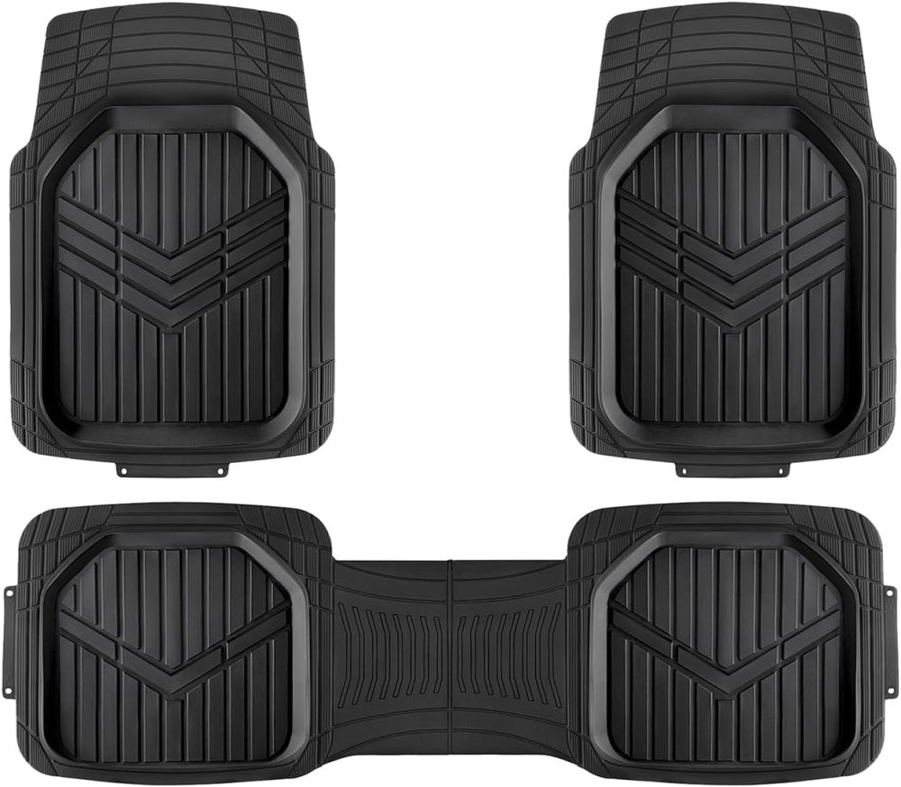 3-Piece All-Weather Heavy Duty, Full Set Rubber Floor Mats for Universal Fit in Cars, SUVs, and Trucks, Black, Trim to Customize