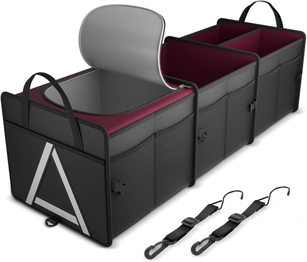 Sturdy Car Trunk Organizer with Premium Insulation Cooler Bag, Heavy Duty Collapsible Trunk Storage Organizer for Car, SUV, Truck, or Van (3 Compartments, Red)
