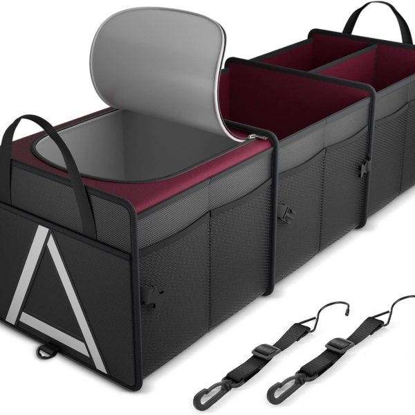 Sturdy Car Trunk Organizer with Premium Insulation Cooler Bag, Heavy Duty Collapsible Trunk Storage Organizer for Car, SUV, Truck, or Van (3 Compartments, Red)