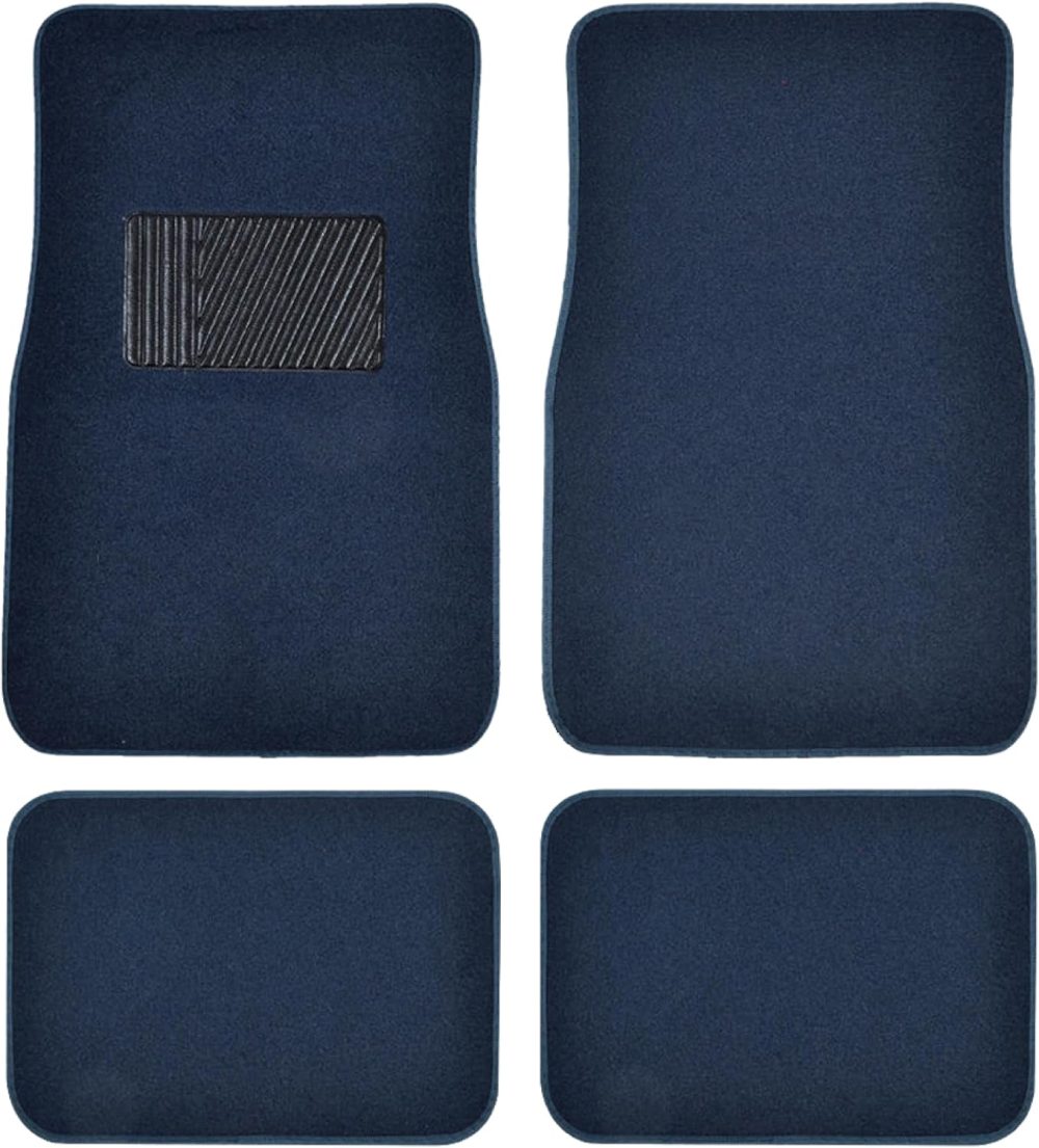 Premium Blue Carpet Floor Mats for Cars - Universal Fit Interior 4-Piece Car Mats Full Set with Vinyl Heel Pad Protector - Cute Car Accessories Interior Floor Covers for SUVs & Trucks