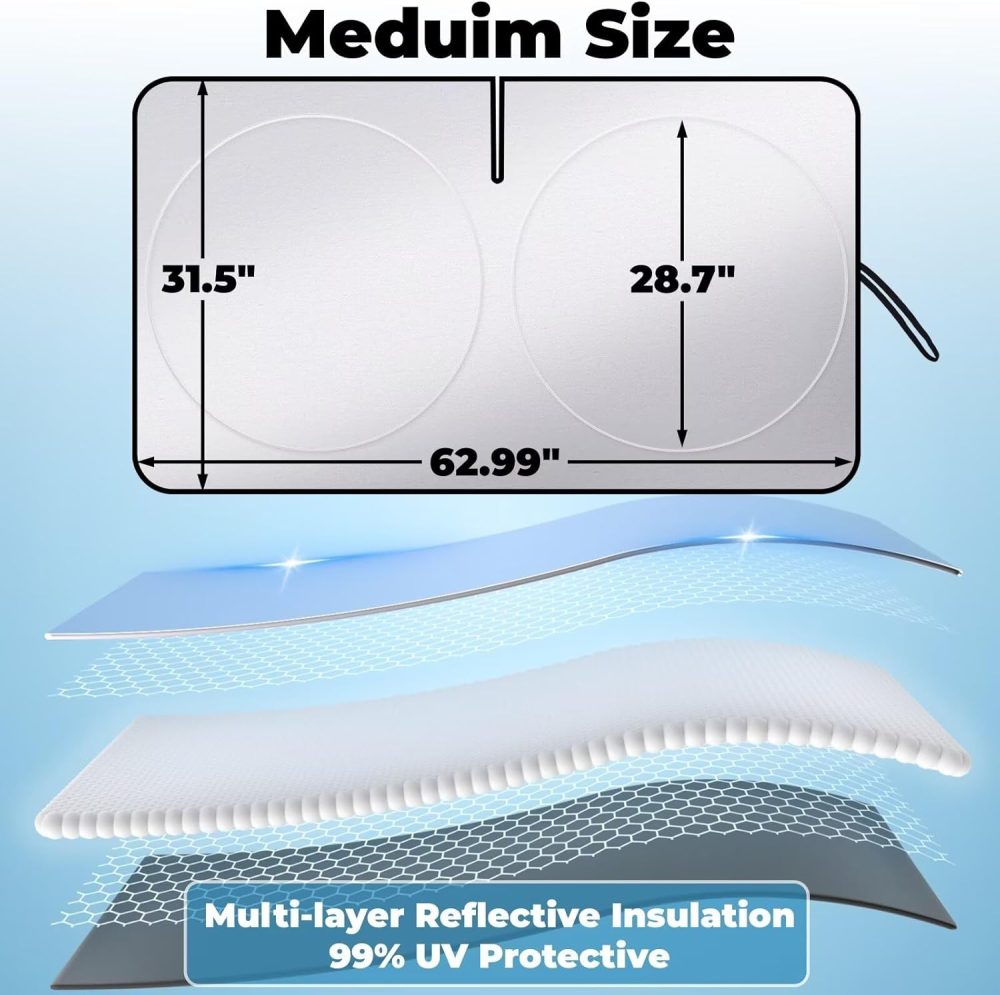 Windshield Sun Shade for Car Foldable Front Window Sun Visor 240T Reflective Fabric Blocks UV Rays and Sun,  Interior Protection for Cars,Trucks, s|M (63”x31.5”) - Image 2