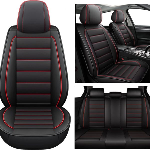 Leather Car Seat Covers, Waterproof Faux Leatherette Cushion Cover for Cars SUV Pick-up Truck Universal Fit Set for Auto Interior Accessories(Black&Red Full Set)