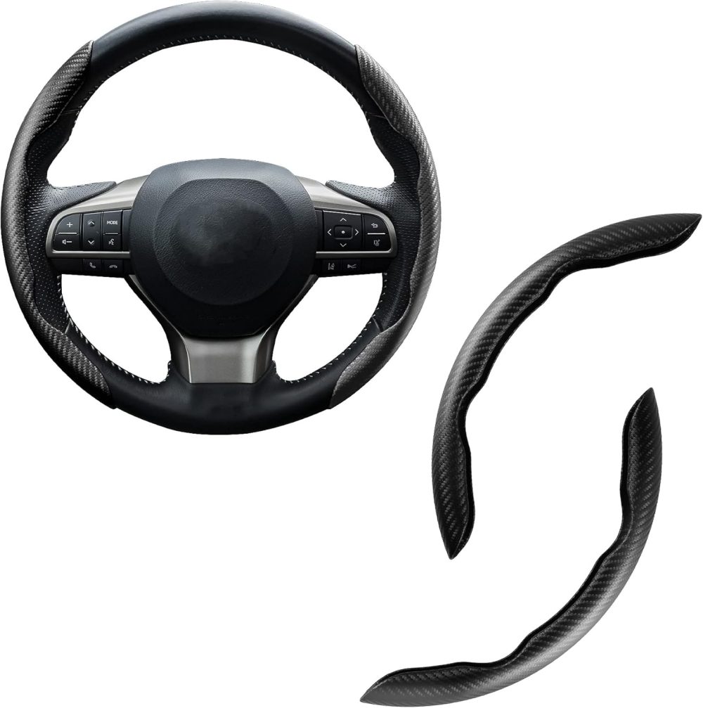 2pcs Carbon Fiber Anti-Skid Steering Wheel Cover, Waterproof & Segmented Butterfly Design, Universal 99% Vehicle Wheel Cover Protector, Car Interior Accessories, (Black)