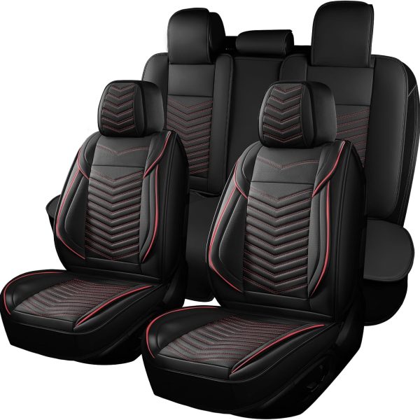 Car Seat Covers,Breathable and Waterproof Faux Leather Automotive Seat Covers,Universal Anti-Slip Driver Seat Cover for Cars SUV Pick-up Truck Sedan(Style1,5 PCS Full Set,Black+Red)