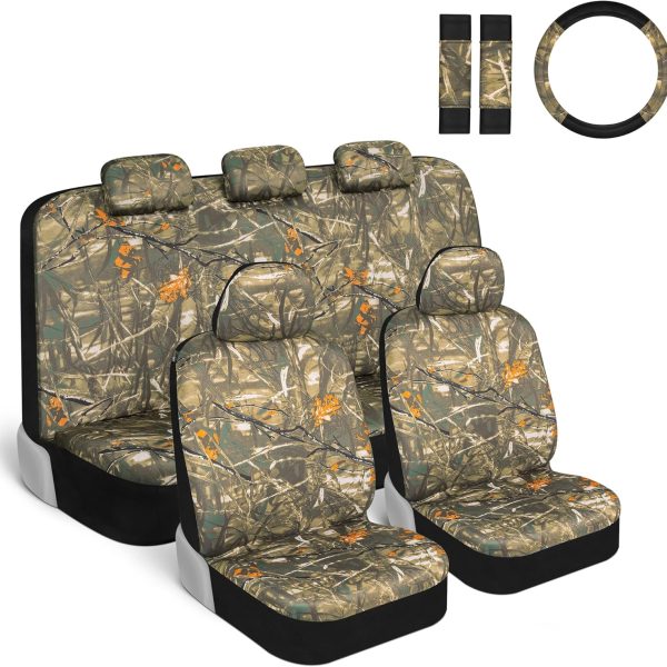 Car Seat Covers Full Set with Steering Wheel Cover and Seat Belt Pads – Real Mossy Tree Oak Forest Camouflage Pattern, Automotive Front & Bench Back Seat Cover for Cars Trucks SUV