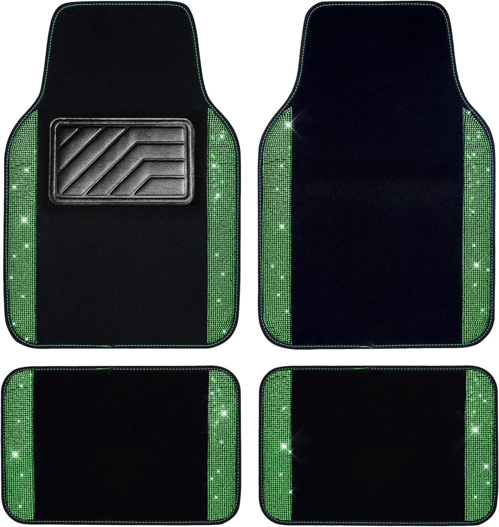 Shining Rhinestones Carpet,  Crystal Diamond Sparkly Glitter Car Floor Mats with Anti-Slip PVC Heel Pad Automotive Universal for SUV,Sedan,Car,Van,4pcs for Girl Women Green Diamond