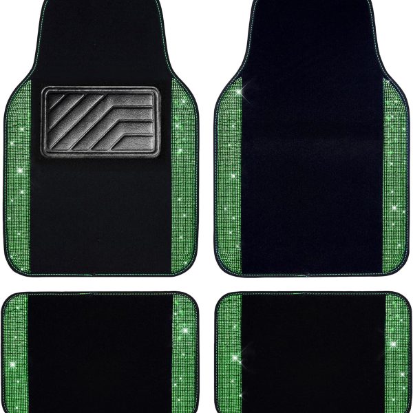 Shining Rhinestones Carpet,  Crystal Diamond Sparkly Glitter Car Floor Mats with Anti-Slip PVC Heel Pad Automotive Universal for SUV,Sedan,Car,Van,4pcs for Girl Women Green Diamond
