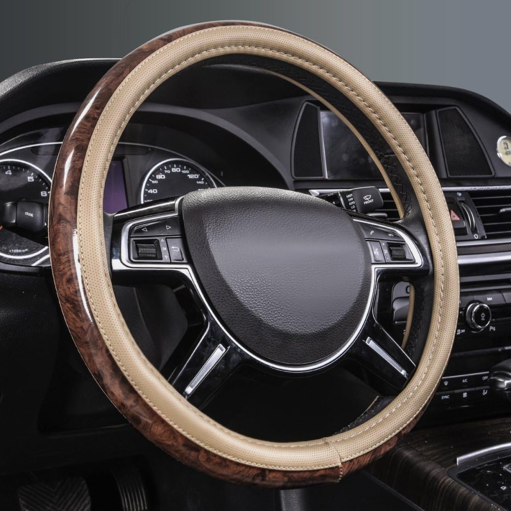 Wood Grain 14.5-15 inch Microfiber Leather Steering Wheel Cover, Anti-Slip Veins Design Steering Wheel Universal Fit for Most Cars, Sedans, SUVs, MiniVans, Small Trusks, Beige - Image 2