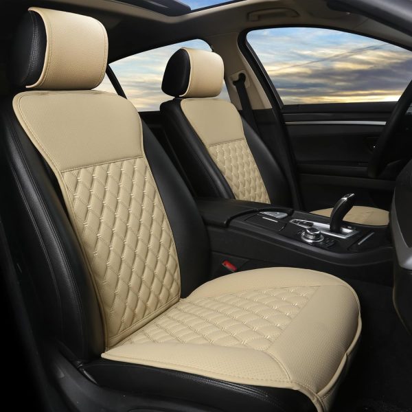 1 Pair Luxury Car Seat Covers Protectors, Universal Anti-Slip Driver Seat Cover with Partial Backrest Coverage (Middle Part Only), Diamond Pattern, Compatible with 95% Cars (Beige)