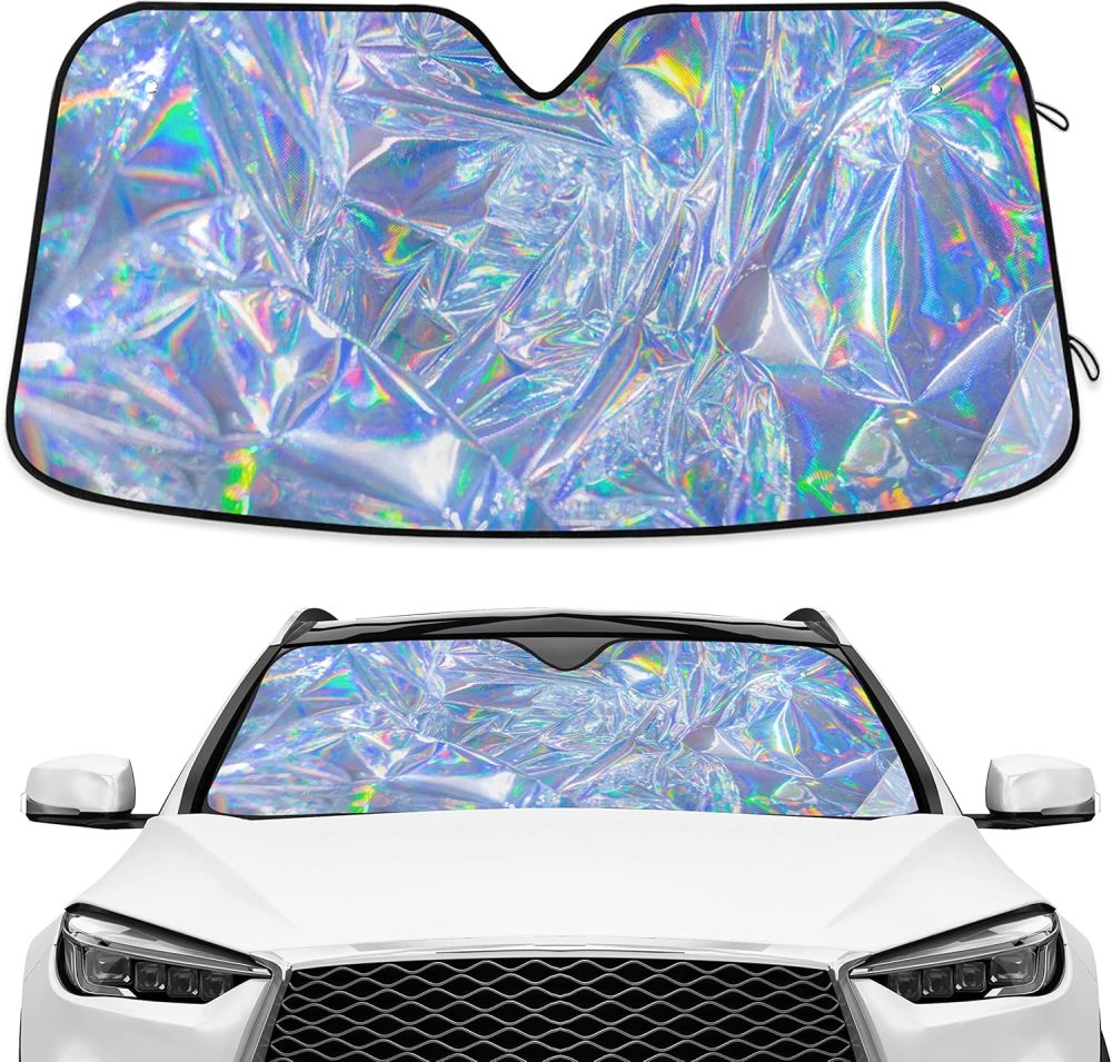 Holographic Windshield Sun Shade Car Windshield Holographic Car Window Shades Accordion Blocks UV Rays Visor Protector Folding Sun Reflector Auto Sunshade for Truck