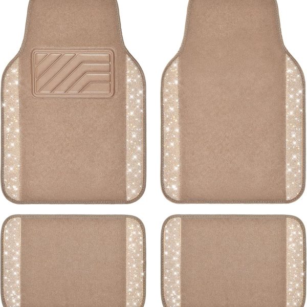 Car Mats Shining Diamond Carpet Crystal Rhinestones Sparkly Glitter Floor Mats with Anti-Slip PVC Heel Pad Universal Fit for Automotive SUV, Sedan, Car, Van, 4pcs for Girl Women, Beige